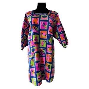 Vtg 60s Pappagallo Smock Apron Neon Christmas Fluorescent Pink Green Cotton FLAW